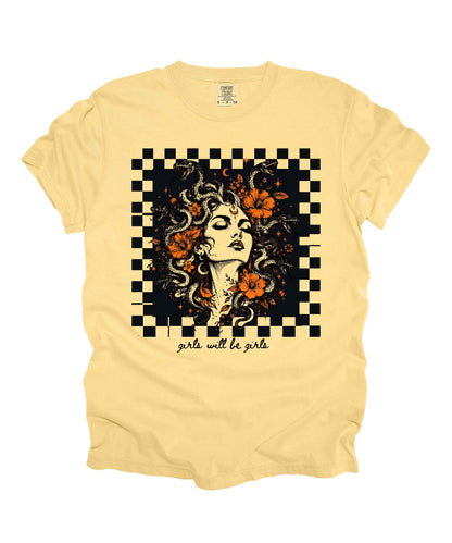 Butter Girls Will Be Girls Medusa tee — yellow feminist floral graphic tee
