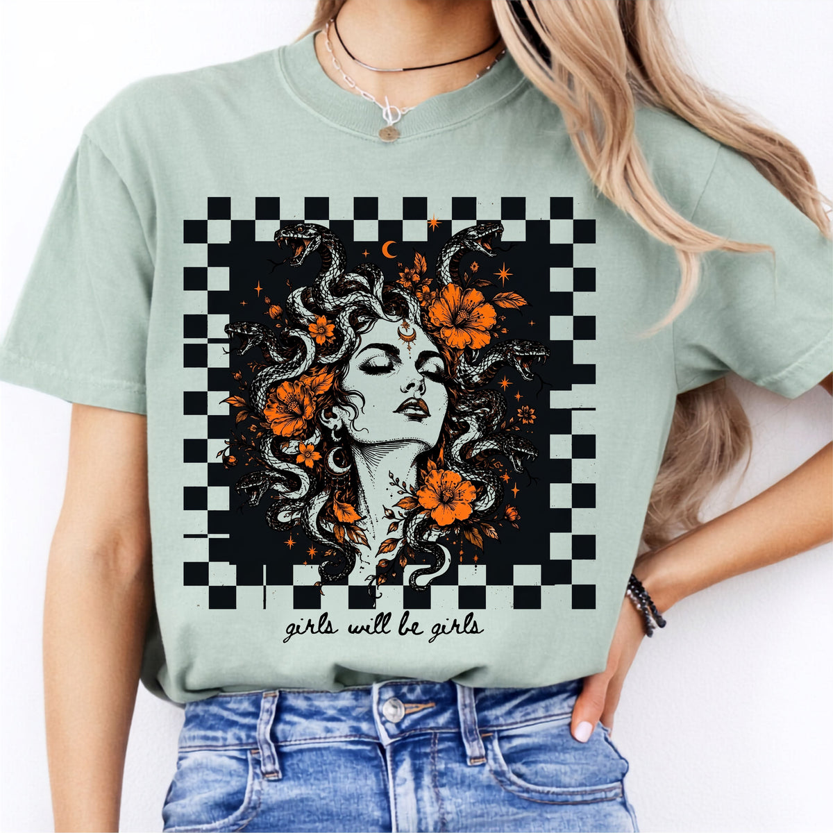Bay Girls Will Be Girls Medusa tee — yellow feminist floral graphic tee
