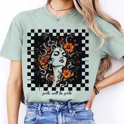 Bay Girls Will Be Girls Medusa tee — yellow feminist floral graphic tee
