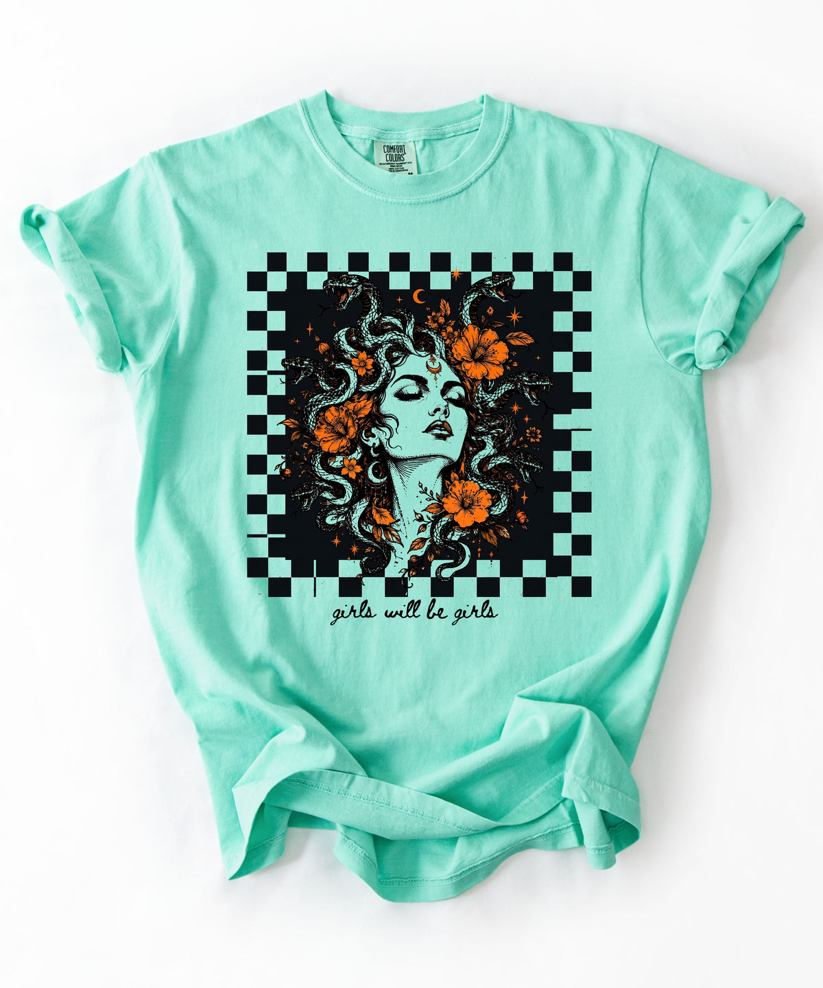 Island Reef Girls Will Be Girls Medusa tee — yellow feminist floral graphic tee
