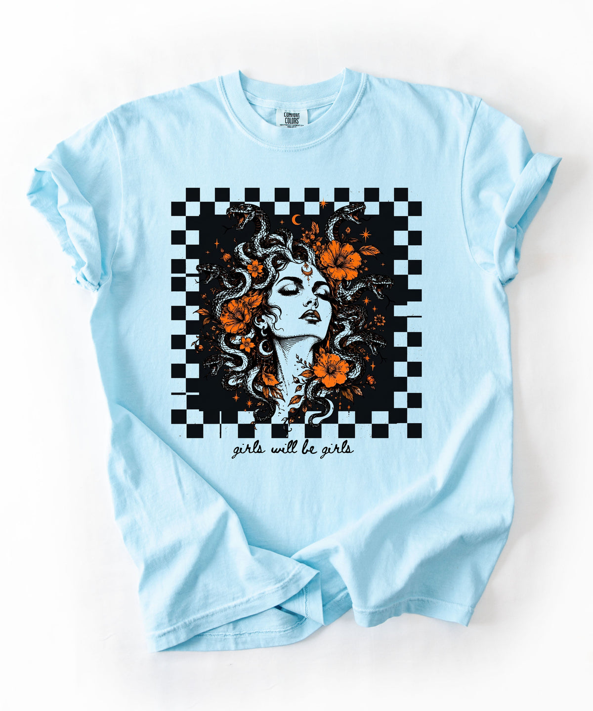 Chambray Girls Will Be Girls Medusa tee — yellow feminist floral graphic tee
