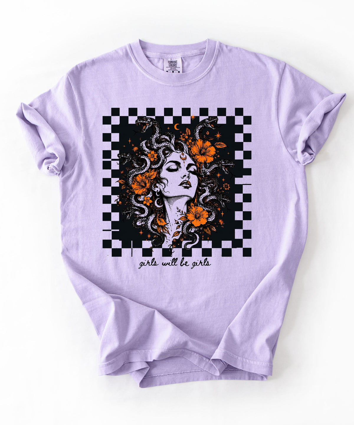 Orchid Girls Will Be Girls Medusa tee — yellow feminist floral graphic tee
