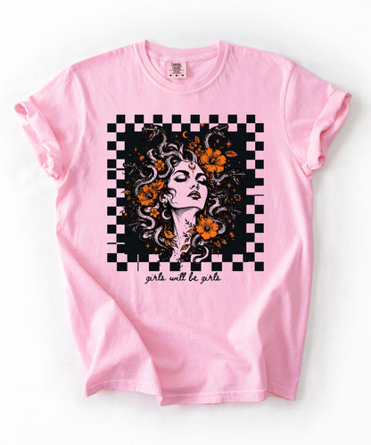 Blossom Girls Will Be Girls Medusa tee — yellow feminist floral graphic tee
