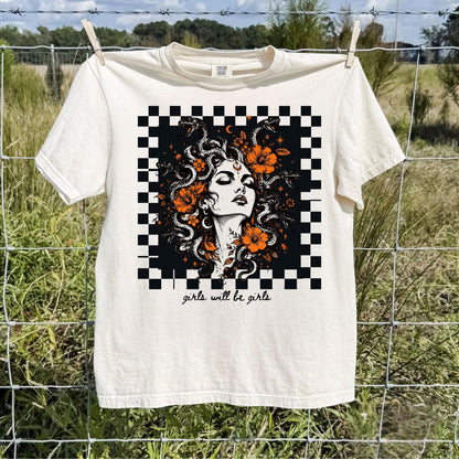 Ivory Girls Will Be Girls Medusa tee — yellow feminist floral graphic tee
