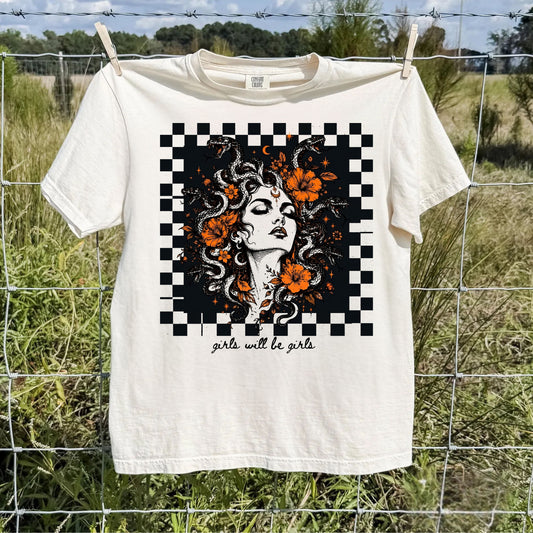 Ivory Girls Will Be Girls Medusa tee — yellow feminist floral graphic tee

