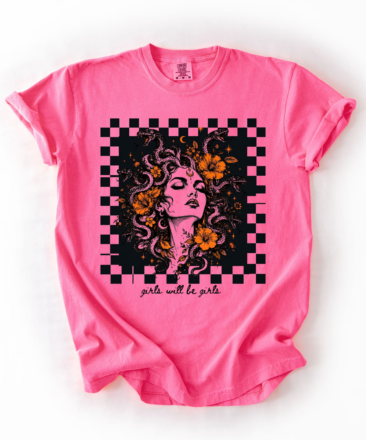 Neon Pink Girls Will Be Girls Medusa tee — yellow feminist floral graphic tee
