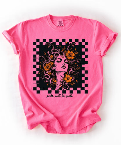 Neon Pink Girls Will Be Girls Medusa tee — yellow feminist floral graphic tee
