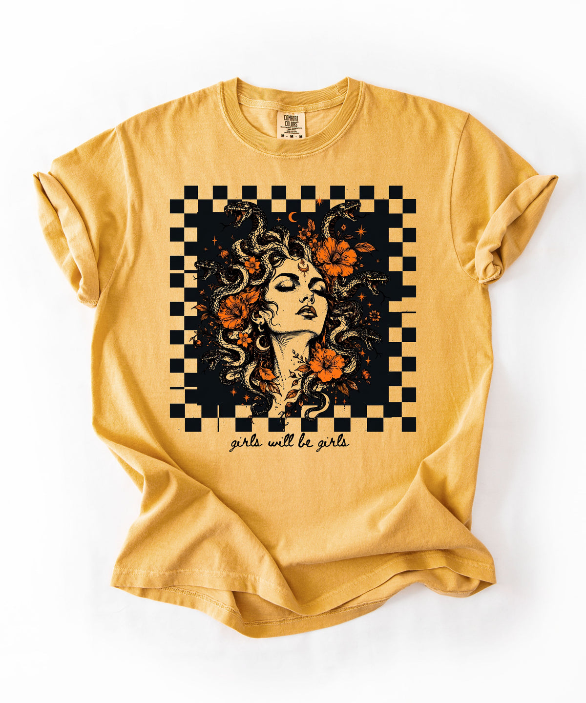 Mustard Girls Will Be Girls Medusa tee — yellow feminist floral graphic tee
