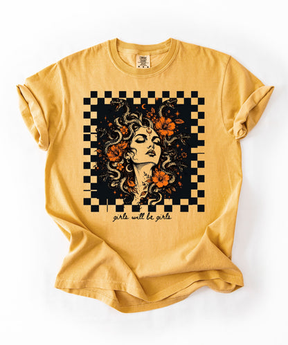 Mustard Girls Will Be Girls Medusa tee — yellow feminist floral graphic tee
