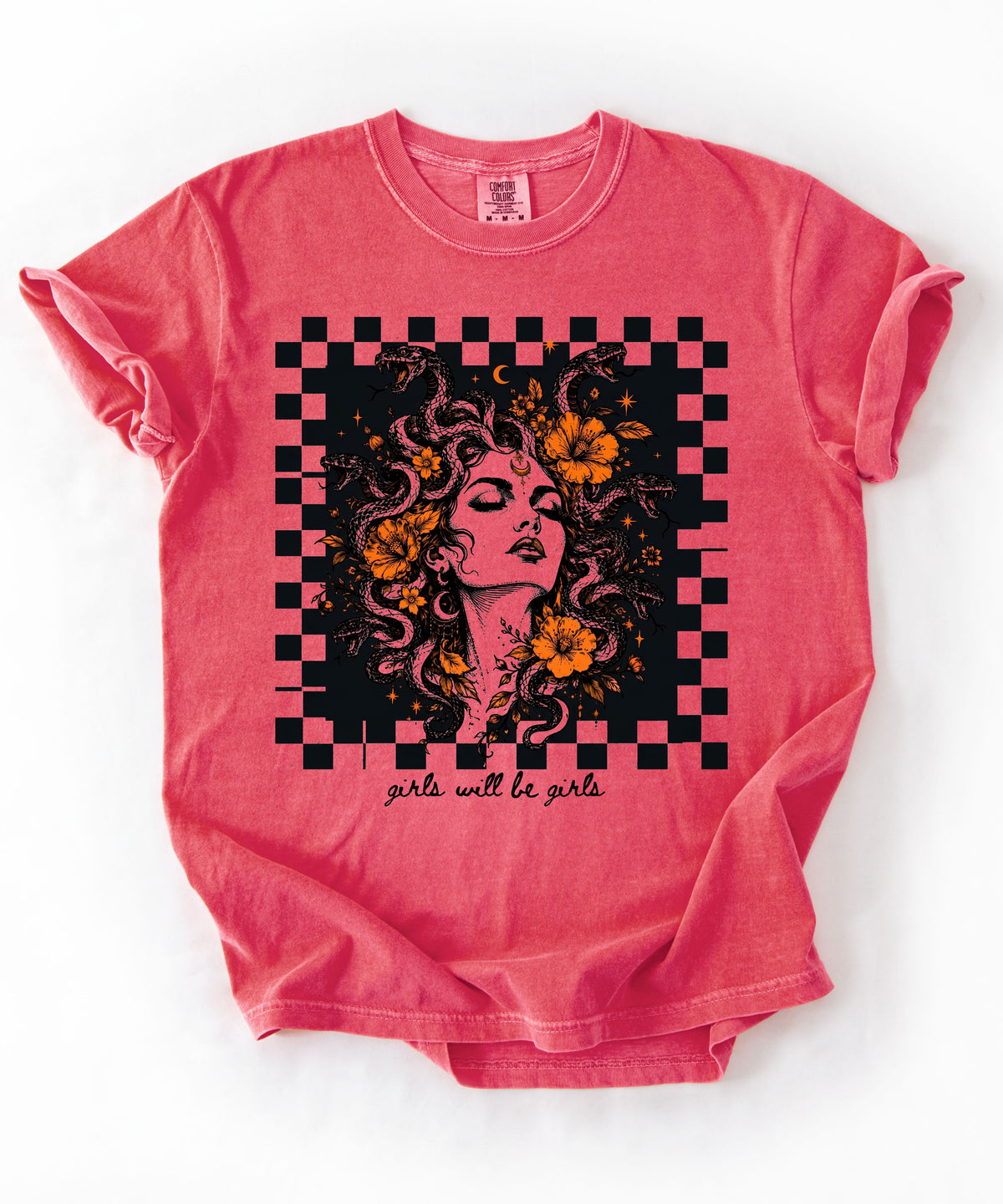 Watermelon Girls Will Be Girls Medusa tee — yellow feminist floral graphic tee
