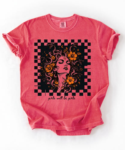 Watermelon Girls Will Be Girls Medusa tee — yellow feminist floral graphic tee
