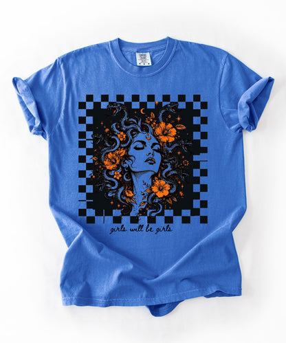 Flo Blue Girls Will Be Girls Medusa tee — yellow feminist floral graphic tee
