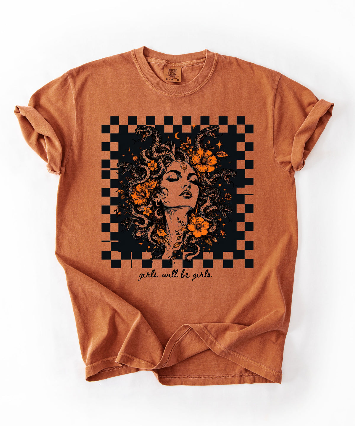 Yam Girls Will Be Girls Medusa tee — yellow feminist floral graphic tee
