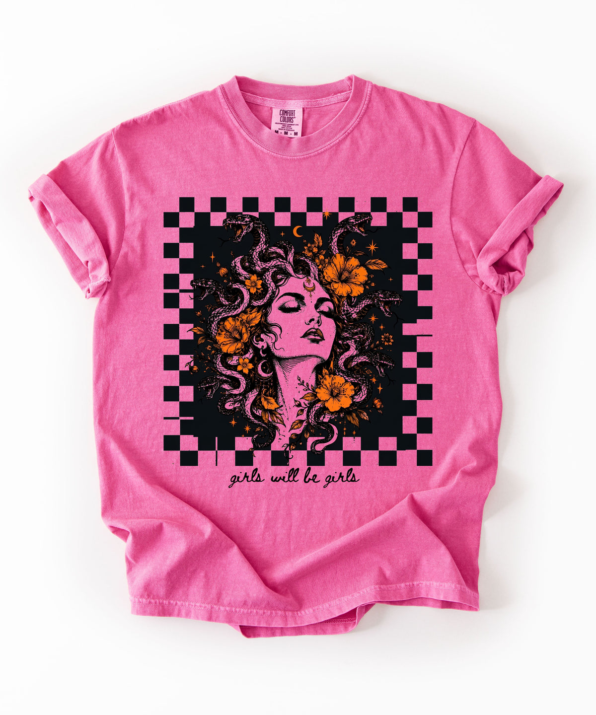 Crunchberry Girls Will Be Girls Medusa tee — yellow feminist floral graphic tee

