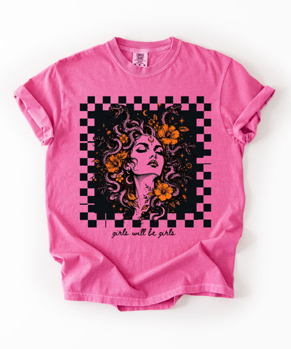 Crunchberry Girls Will Be Girls Medusa tee — yellow feminist floral graphic tee
