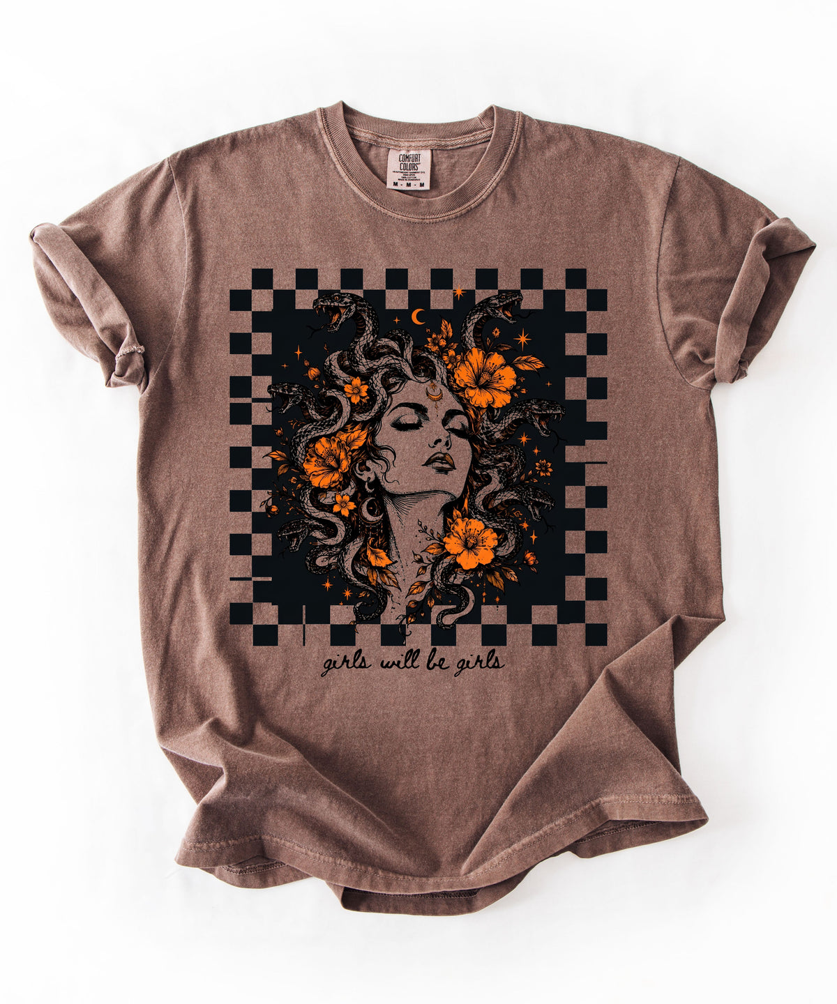 Espresso  Girls Will Be Girls Medusa tee — yellow feminist floral graphic tee
