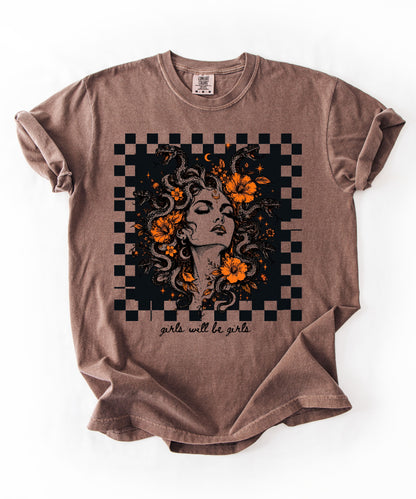 Espresso  Girls Will Be Girls Medusa tee — yellow feminist floral graphic tee
