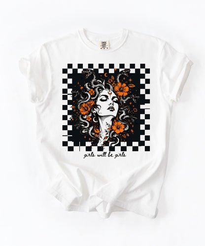 White Girls Will Be Girls Medusa tee — yellow feminist floral graphic tee

