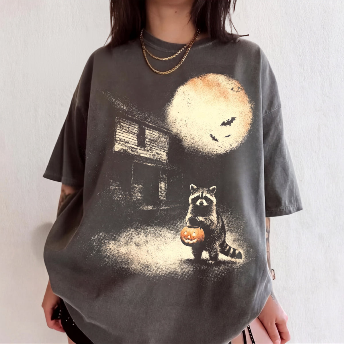 Halloween raccoon trick-or-treat graphic tee in Pepper — garment-dyed Comfort Colors 1717 heavyweight shirt