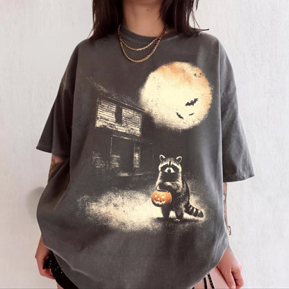 Halloween raccoon trick-or-treat graphic tee in Pepper — garment-dyed Comfort Colors 1717 heavyweight shirt