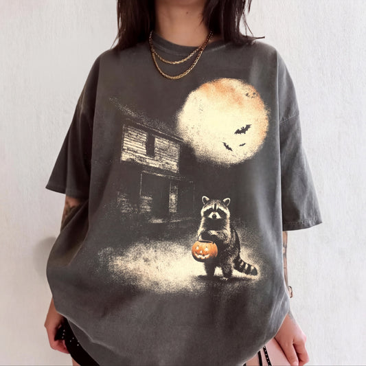 Halloween raccoon trick-or-treat graphic tee in Pepper — garment-dyed Comfort Colors 1717 heavyweight shirt