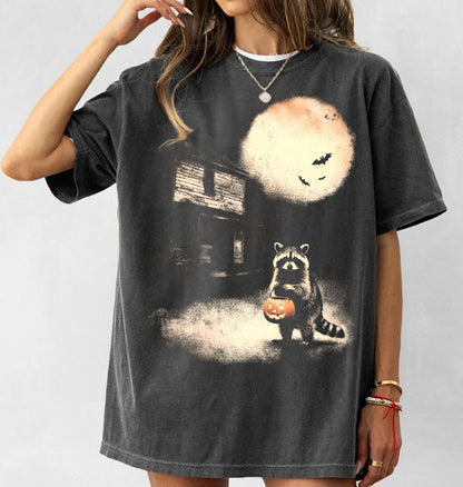 Halloween raccoon trick-or-treat graphic tee in Pepper — garment-dyed Comfort Colors 1717 heavyweight shirt