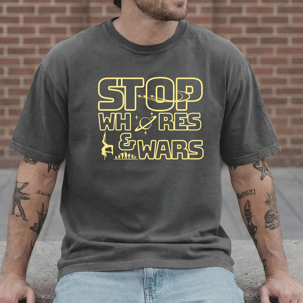 "STOP Wars graphic t-shirt in pepper — heavyweight garment-dyed cotton statement tee"