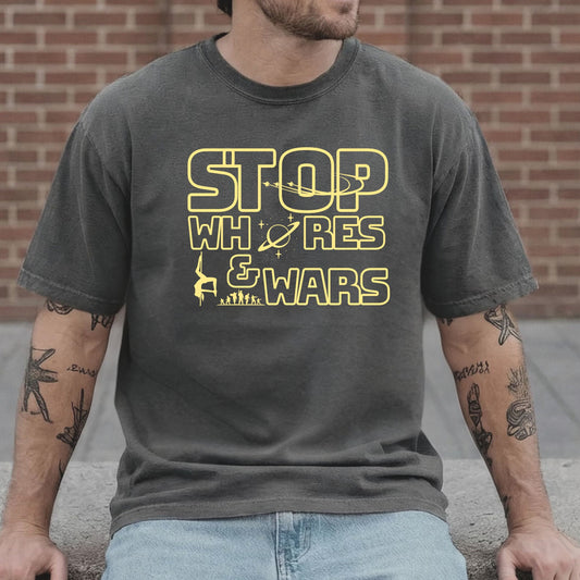 "STOP Wars graphic t-shirt in pepper — heavyweight garment-dyed cotton statement tee"