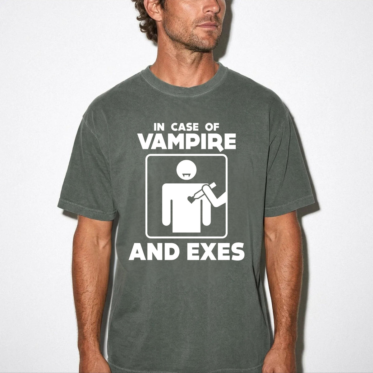 Halloween T shirt in Moss color. "in case of vampire and exes" anti vampire and anti exes shirt 