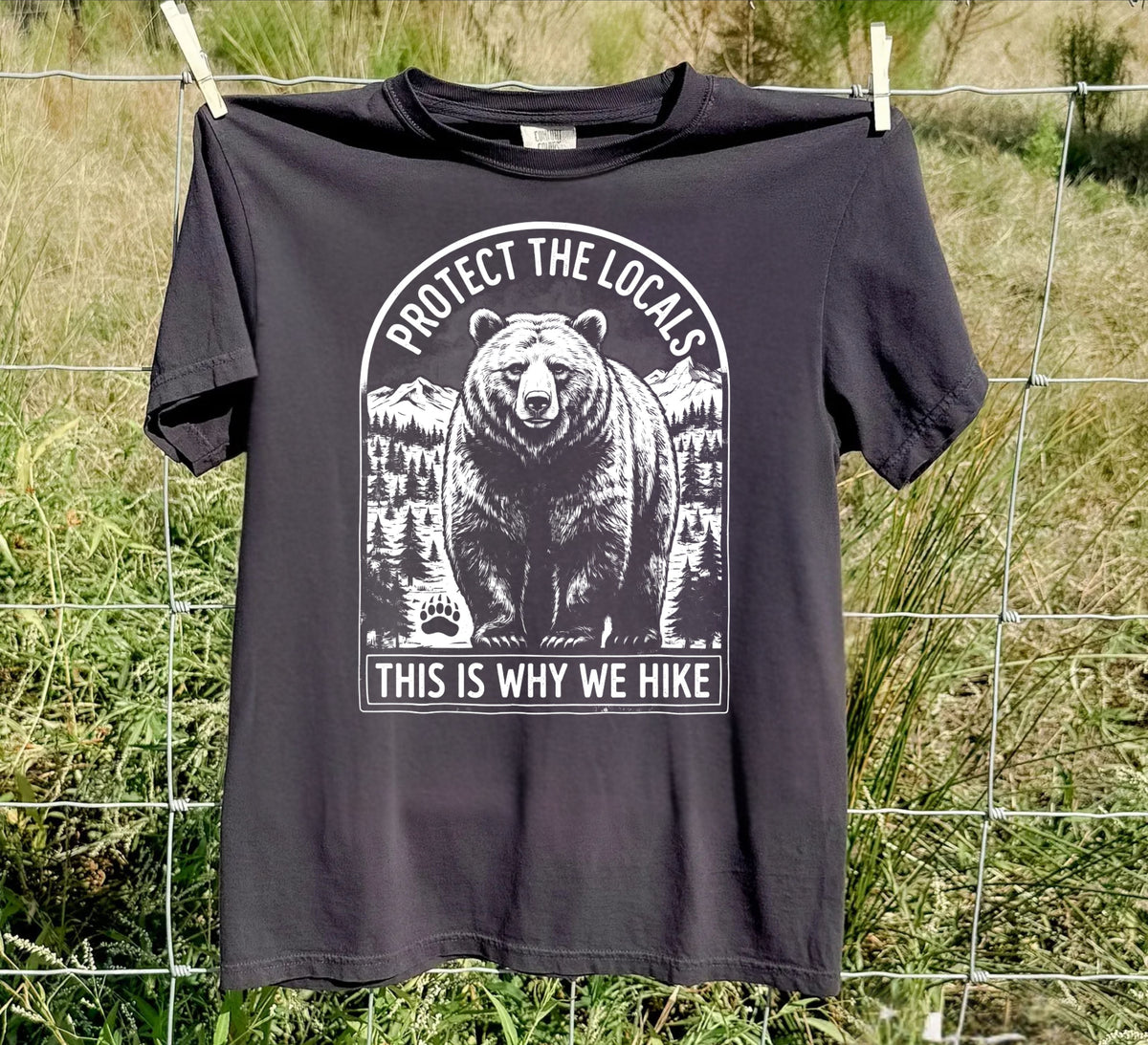 Black Protect the Locals bear hiking T-shirt with wildlife graphic