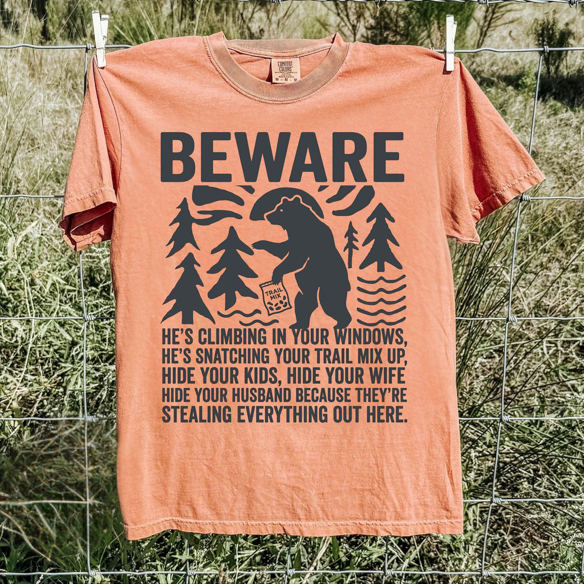 Beware Bear Graphic T-Shirt — Funny Camping Outdoors Tee