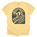 Butter Runners High T-shirt with trail runner, mountains, pine trees, and sunrise graphic