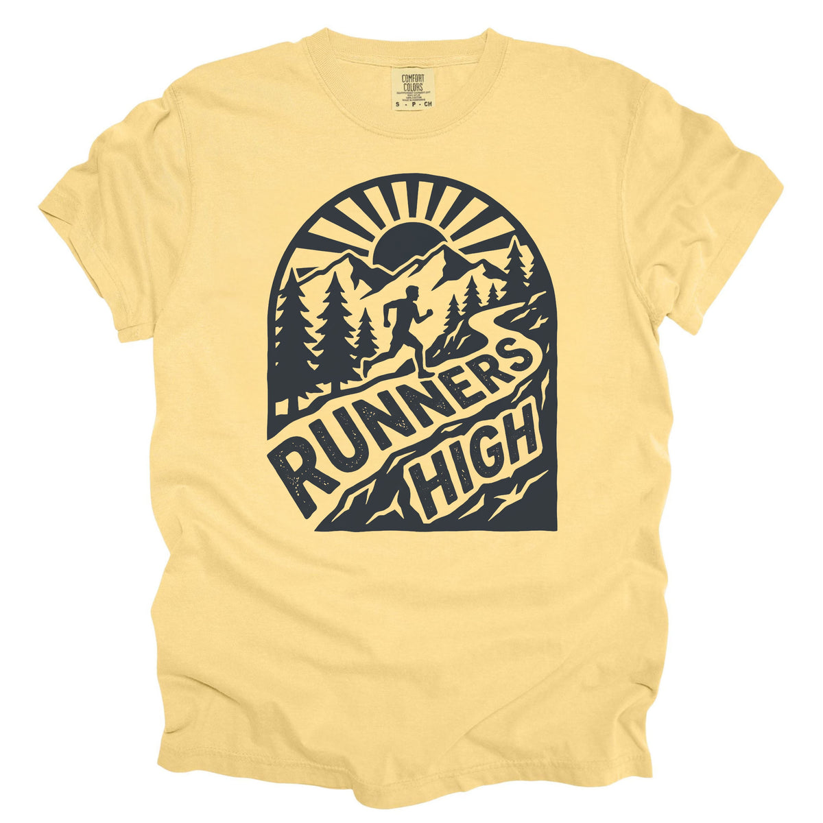 Butter Runners High T-shirt with trail runner, mountains, pine trees, and sunrise graphic