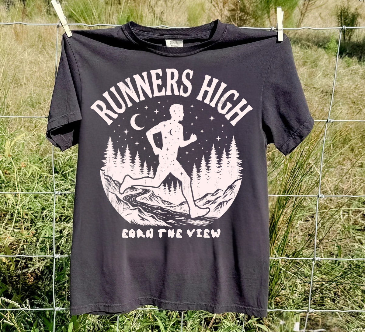 Black Runners High trail running T-shirt with a lone runner beneath a moonlit pine forest graphic