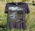 Mountain lake nature scene tee in Black, garment-dyed heavyweight cotton