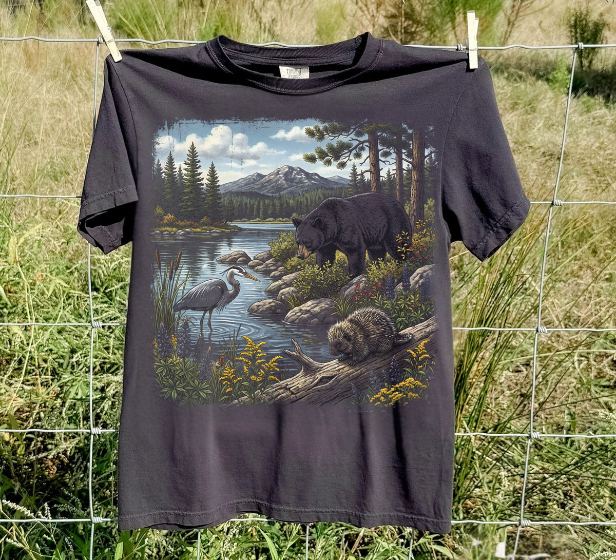 Mountain lake nature scene tee in Black, garment-dyed heavyweight cotton
