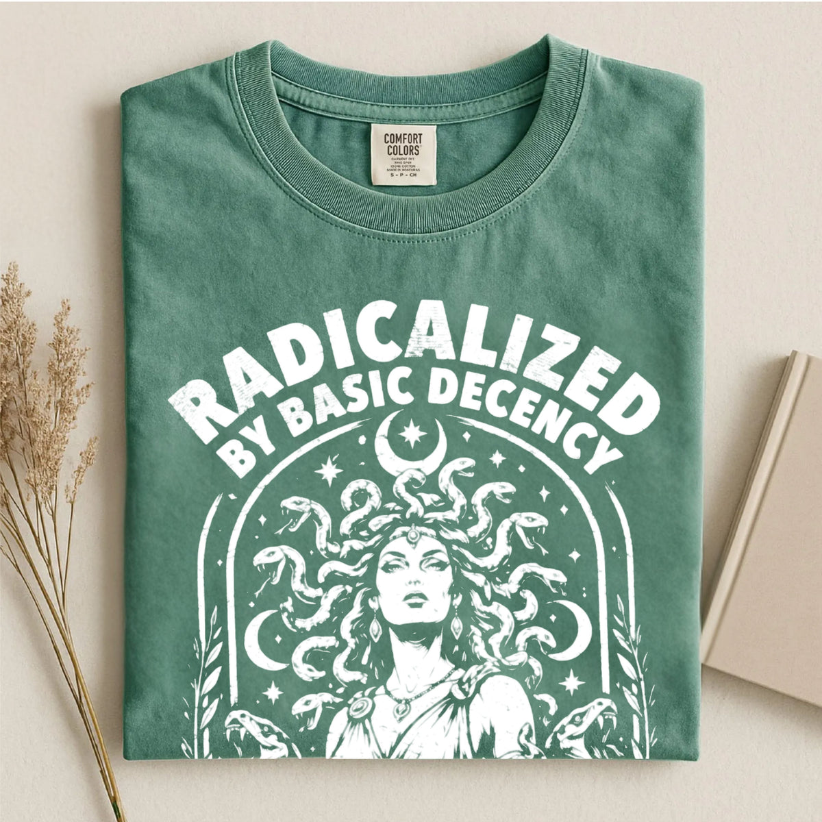 Medusa "Radicalized by Basic Decency" graphic tee, Moss garment-dyed heavyweight t-shirt