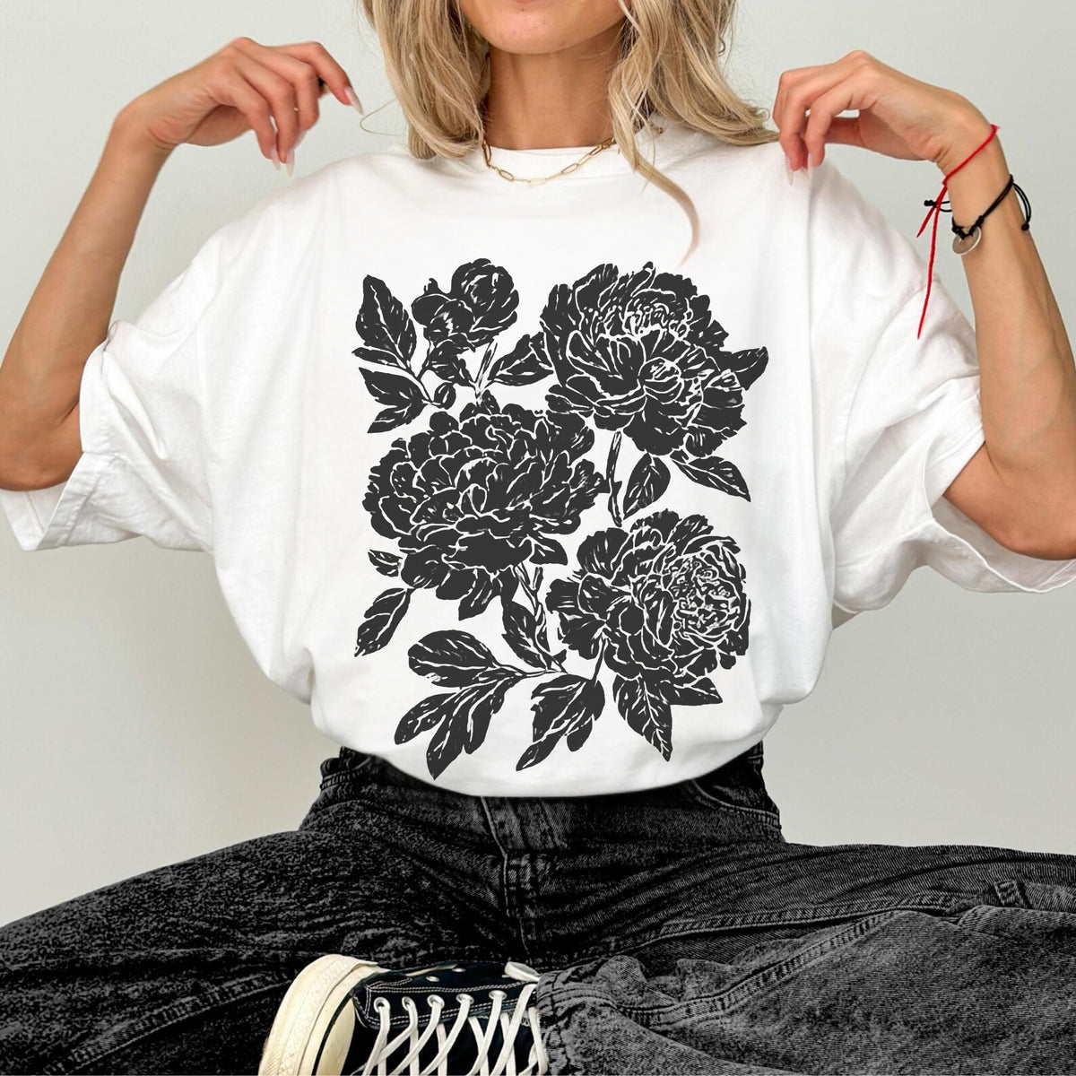 Peony floral print t-shirt, White garment-dyed heavyweight tee