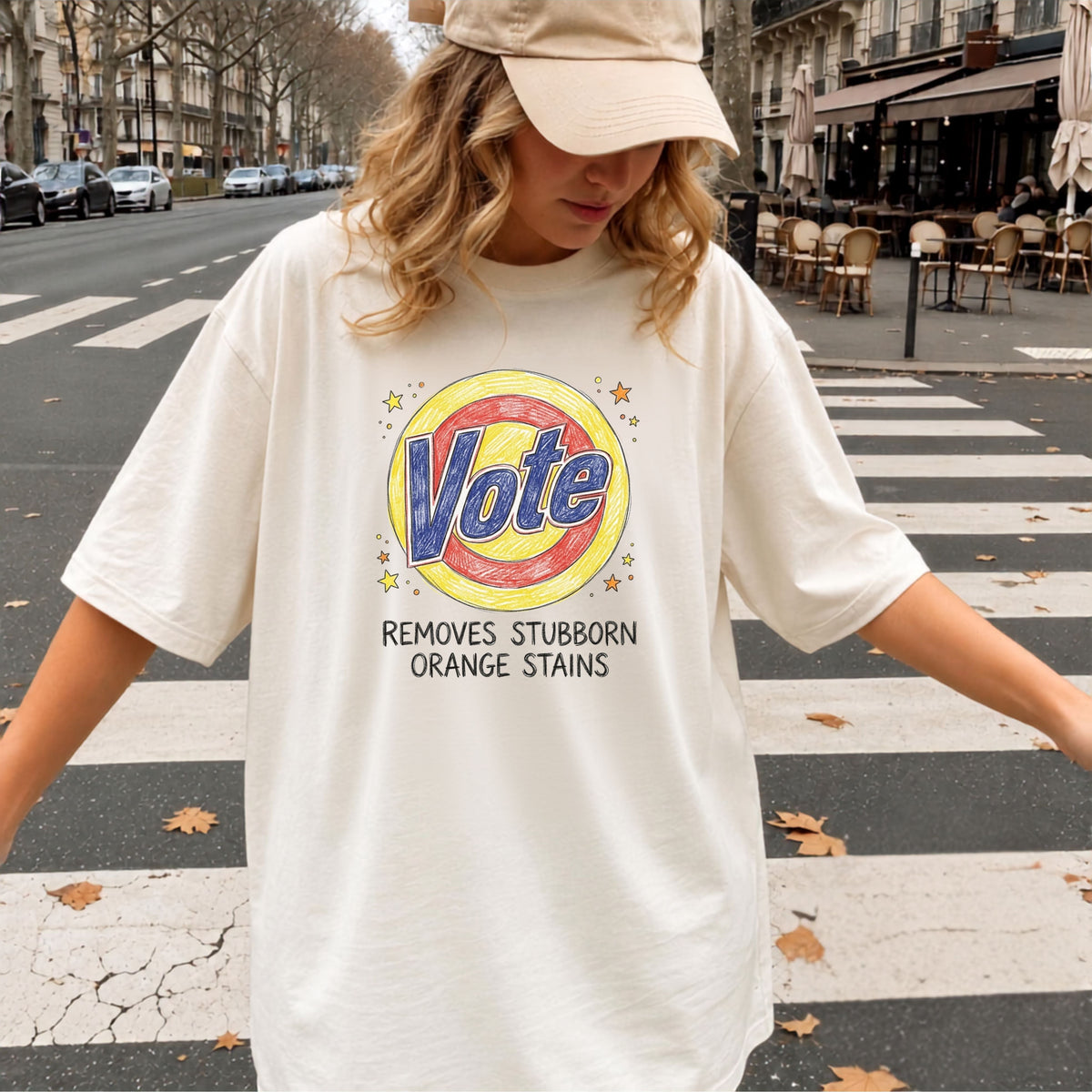  Ivory Vote T-shirt with blue lettering, a red-and-yellow circle, stars, and “Removes stubborn orange stains” slogan.