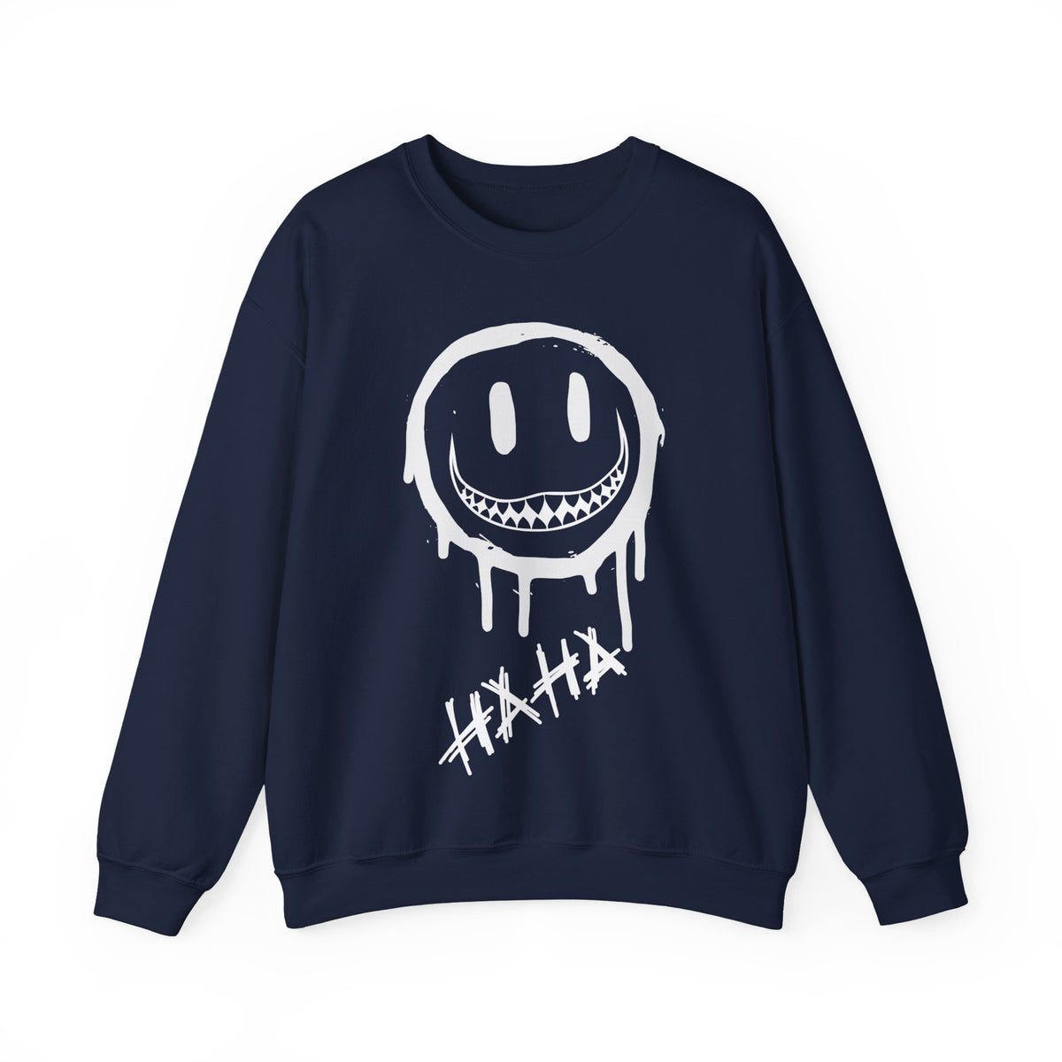 A navy blue crewneck sweatshirt featuring a white dripping smiley face graphic with sharp teeth and the word 'HAHA' written below in a distressed white font, displayed on a clean white background.