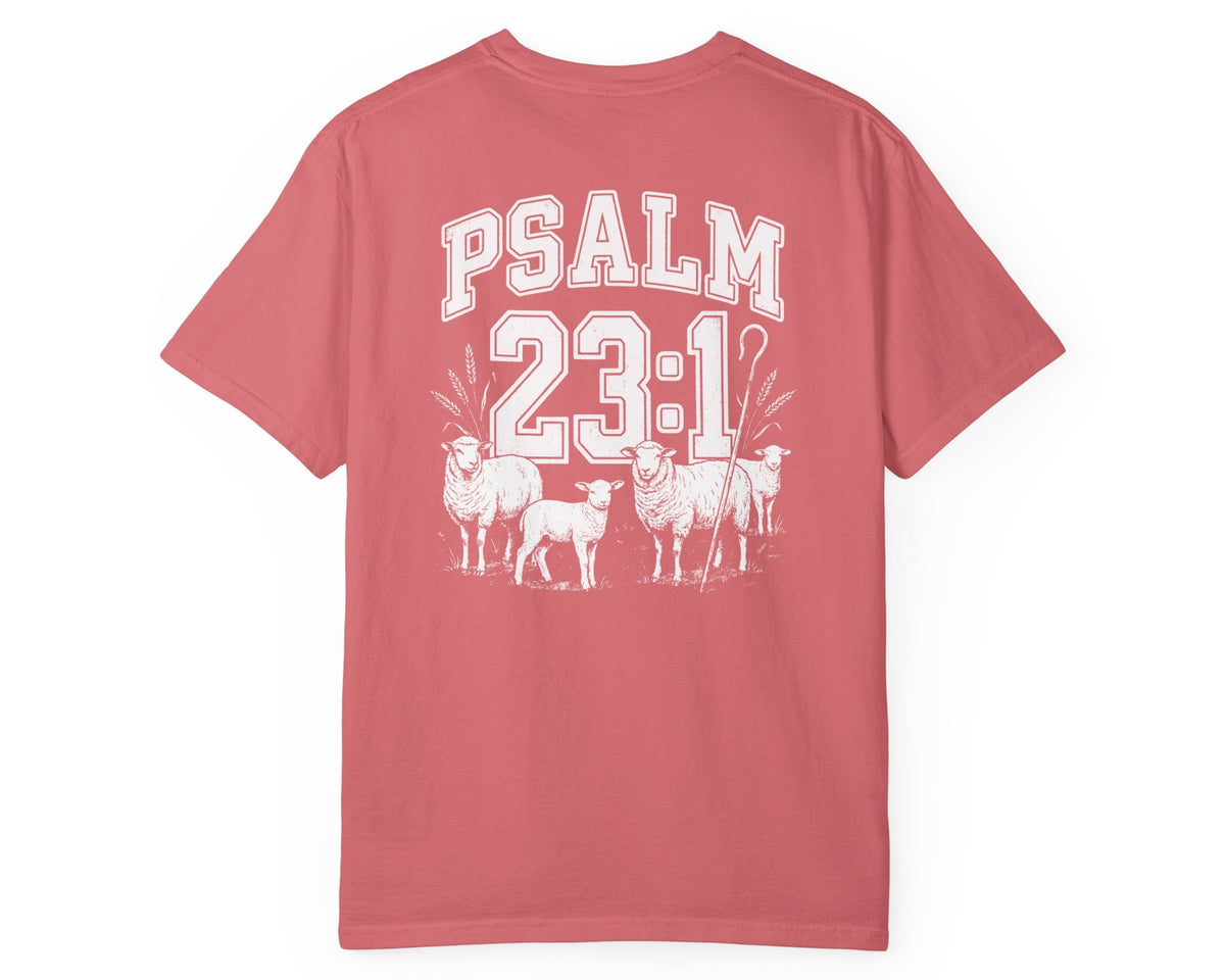 Watermelon Psalm 23:1 faith shirt with shepherd graphic design and scripture text shown on model