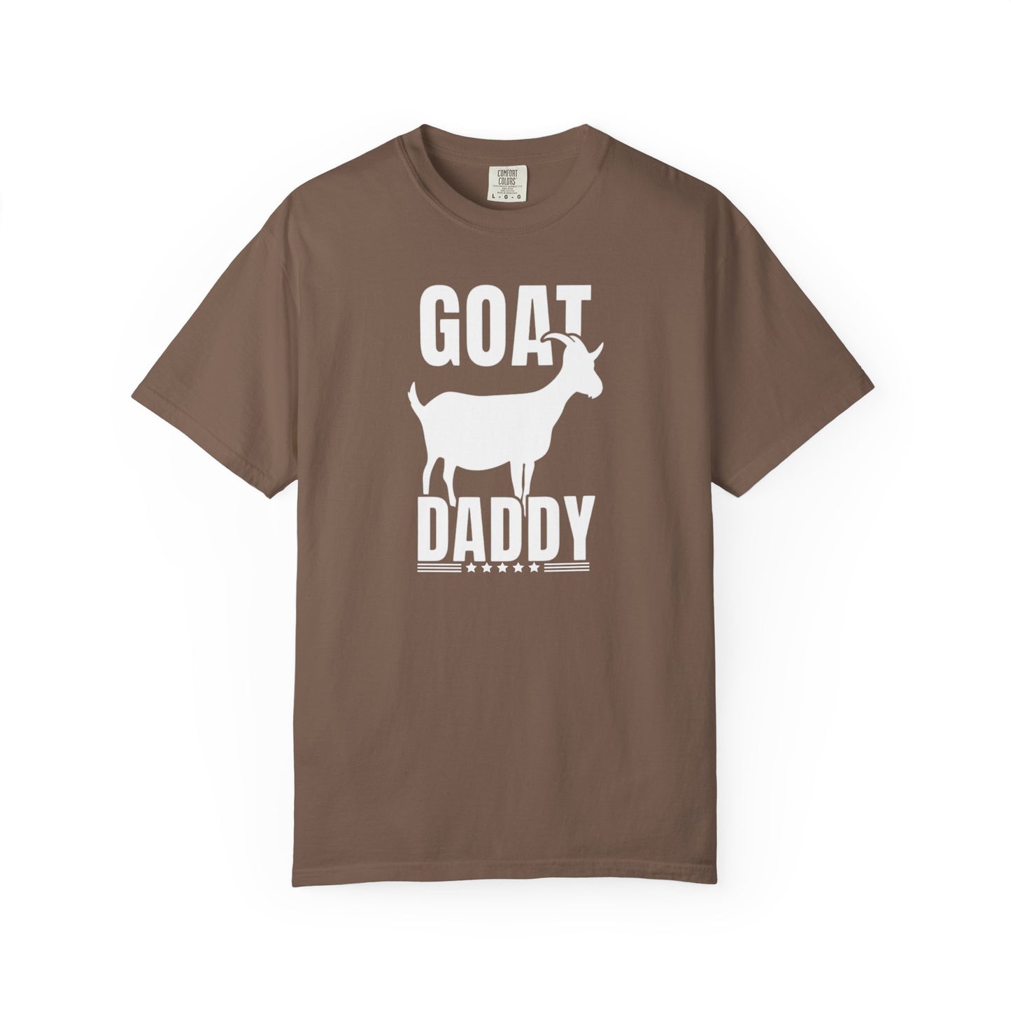 GOAT Daddy funny goat dad graphic tee in Espresso — Comfort Colors garment-dyed Father's Day shirt
