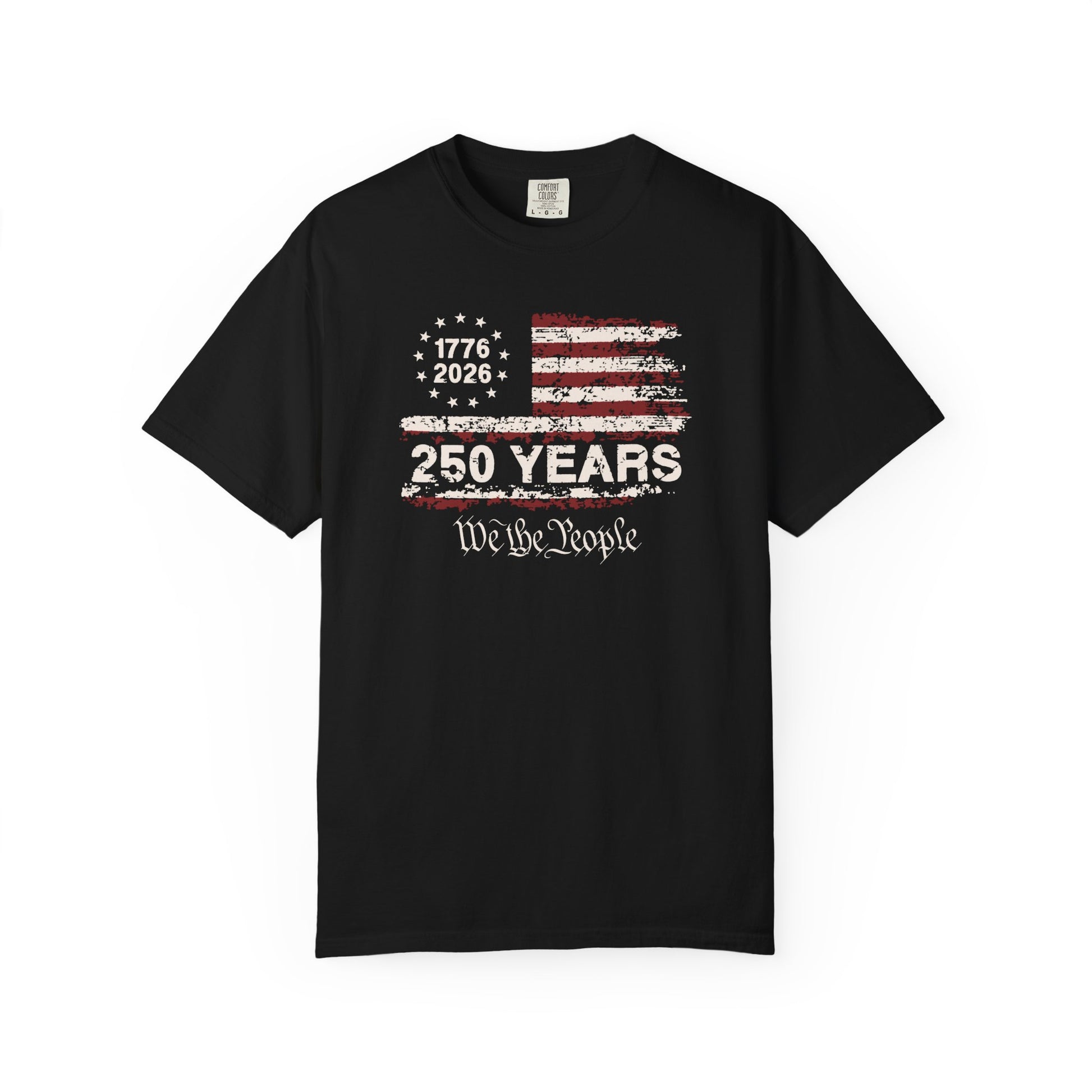 Black t-shirt with American flag design and text on a white background