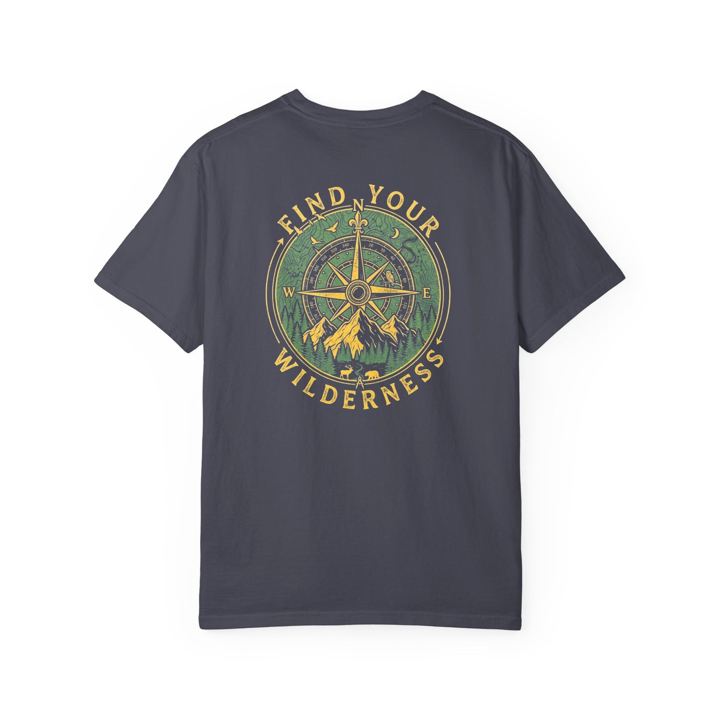 navy t-shirt with a find your wilderness design on a white background