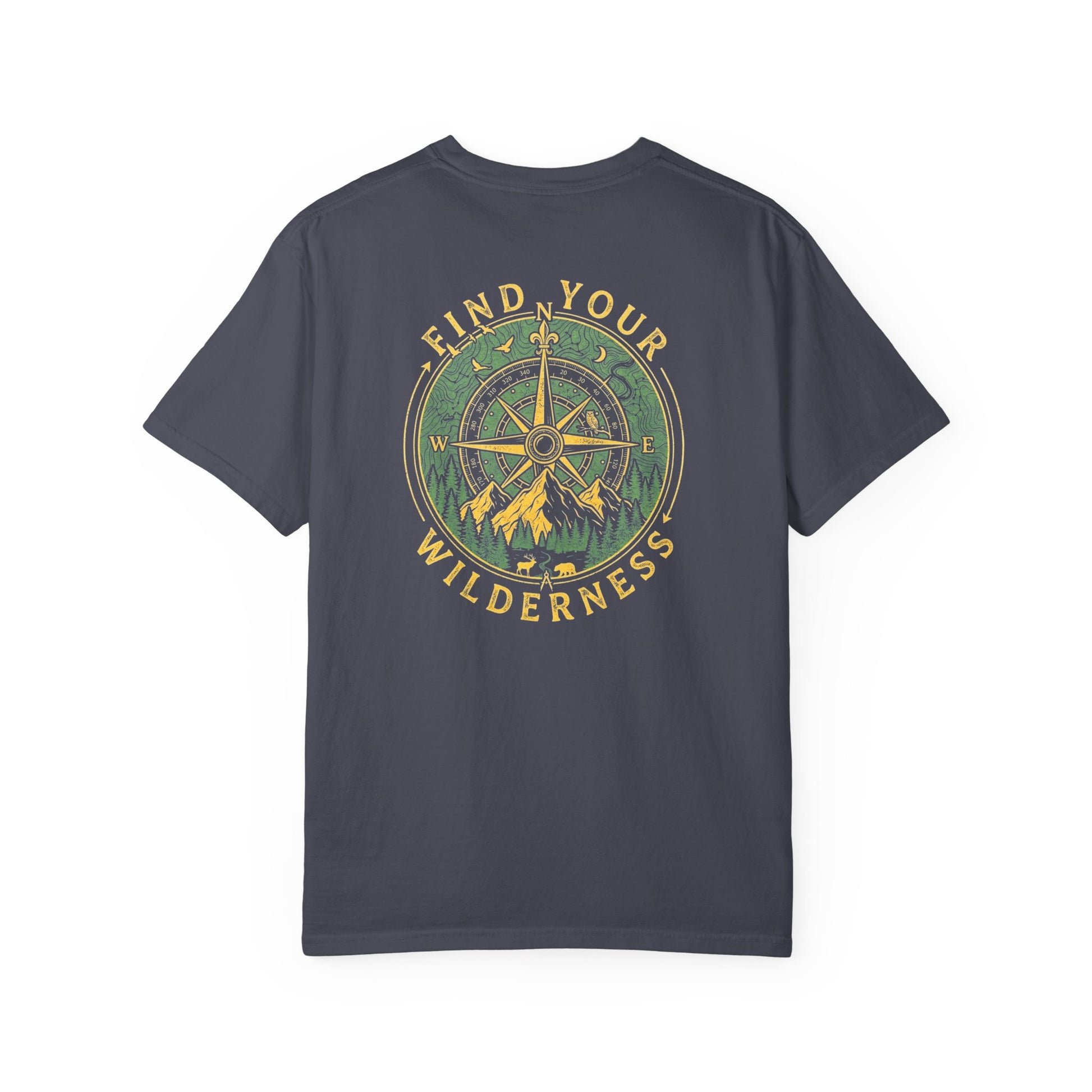 navy t-shirt with a find your wilderness design on a white background