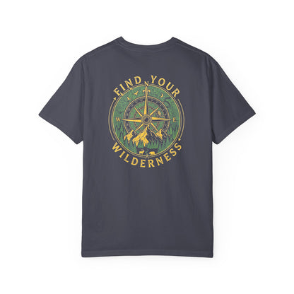 navy t-shirt with a find your wilderness design on a white background