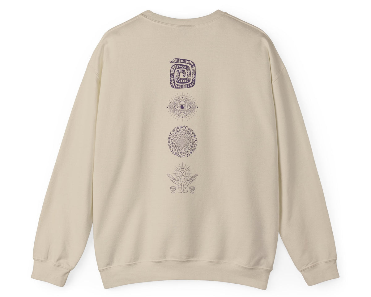 Midnight Margaritas crewneck sweatshirt in Sand — front cocktail graphic and occult cottagecore symbols on back, including COEXIST