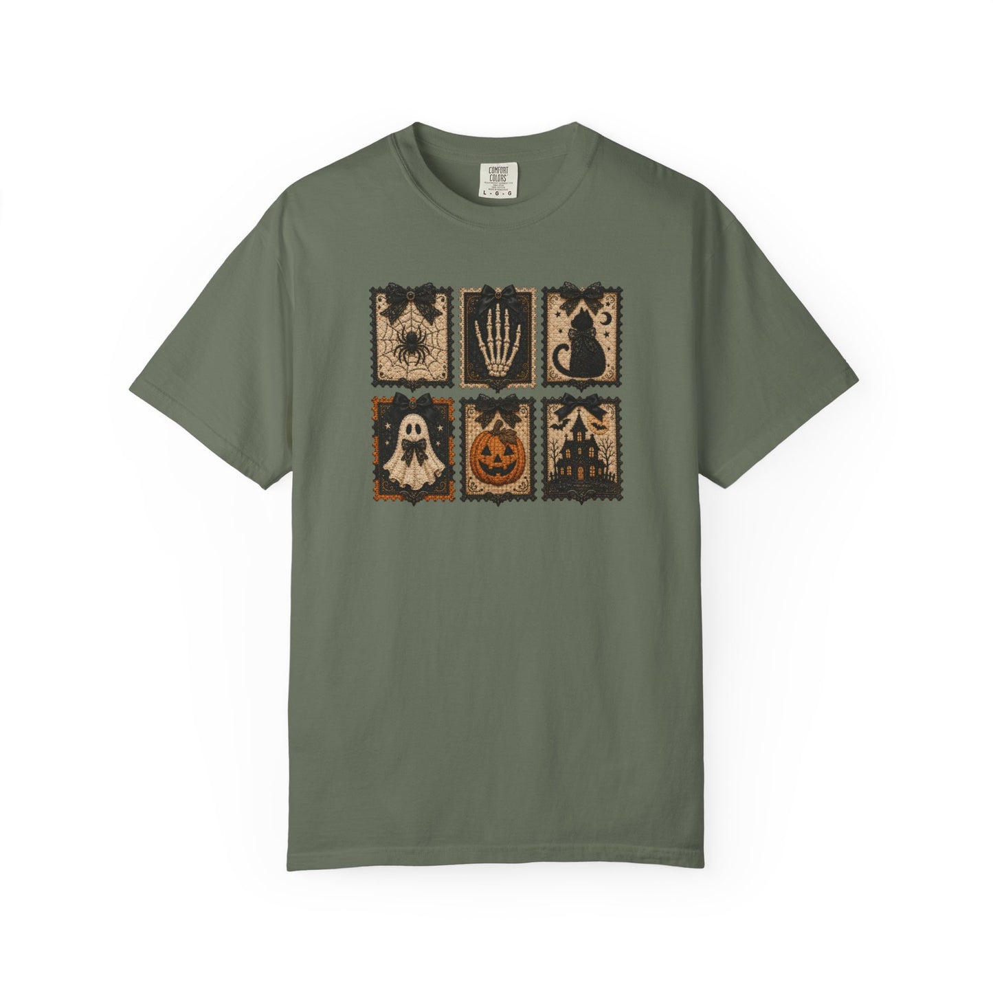 Vintage Halloween Faux Patchwork T-Shirt — Spooky Stamp Graphic Tee