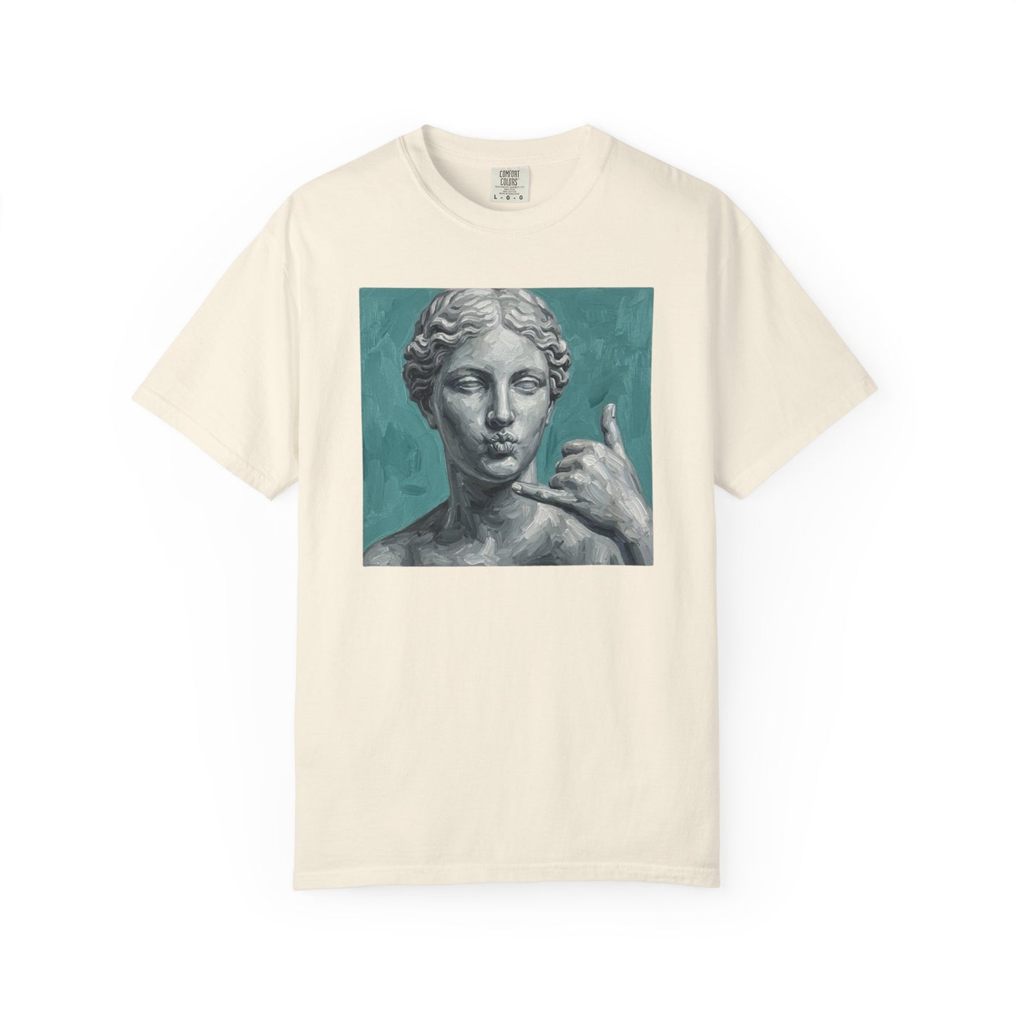 Classical Statue Call Me t-shirt in Ivory — funny art shirt garment-dyed cotton
