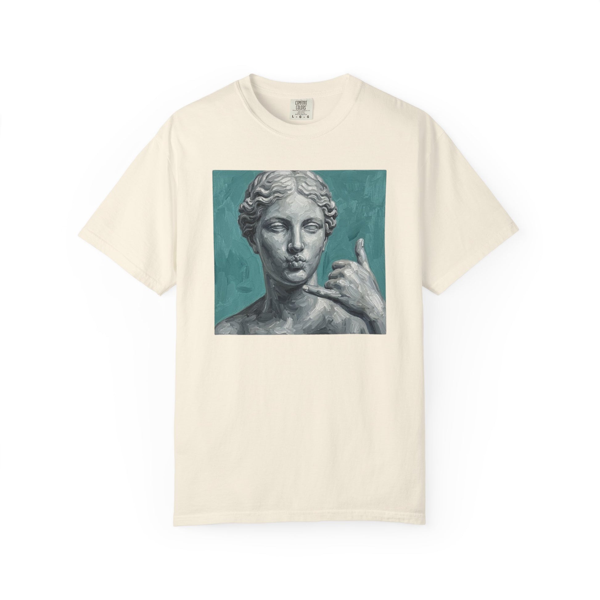 Classical Statue Call Me t-shirt in Ivory — funny art shirt garment-dyed cotton

